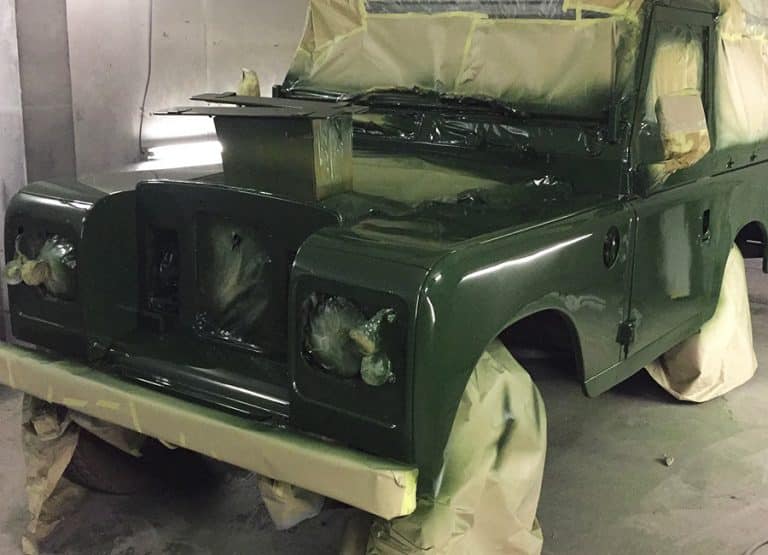 Land Rover Defender being resprayed in green paint